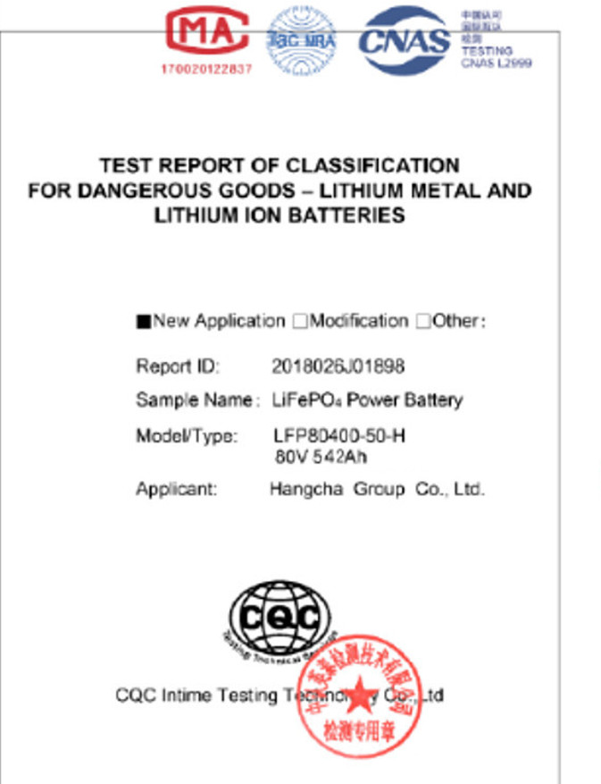 Chứng nhận an toàn Lithium-ion Lifepo4